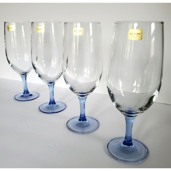 4 Luminarc Blue Stemware Glass Set 14oz Sangria Water Ice Tea Goblets Vtg France - Picture 1 of 7